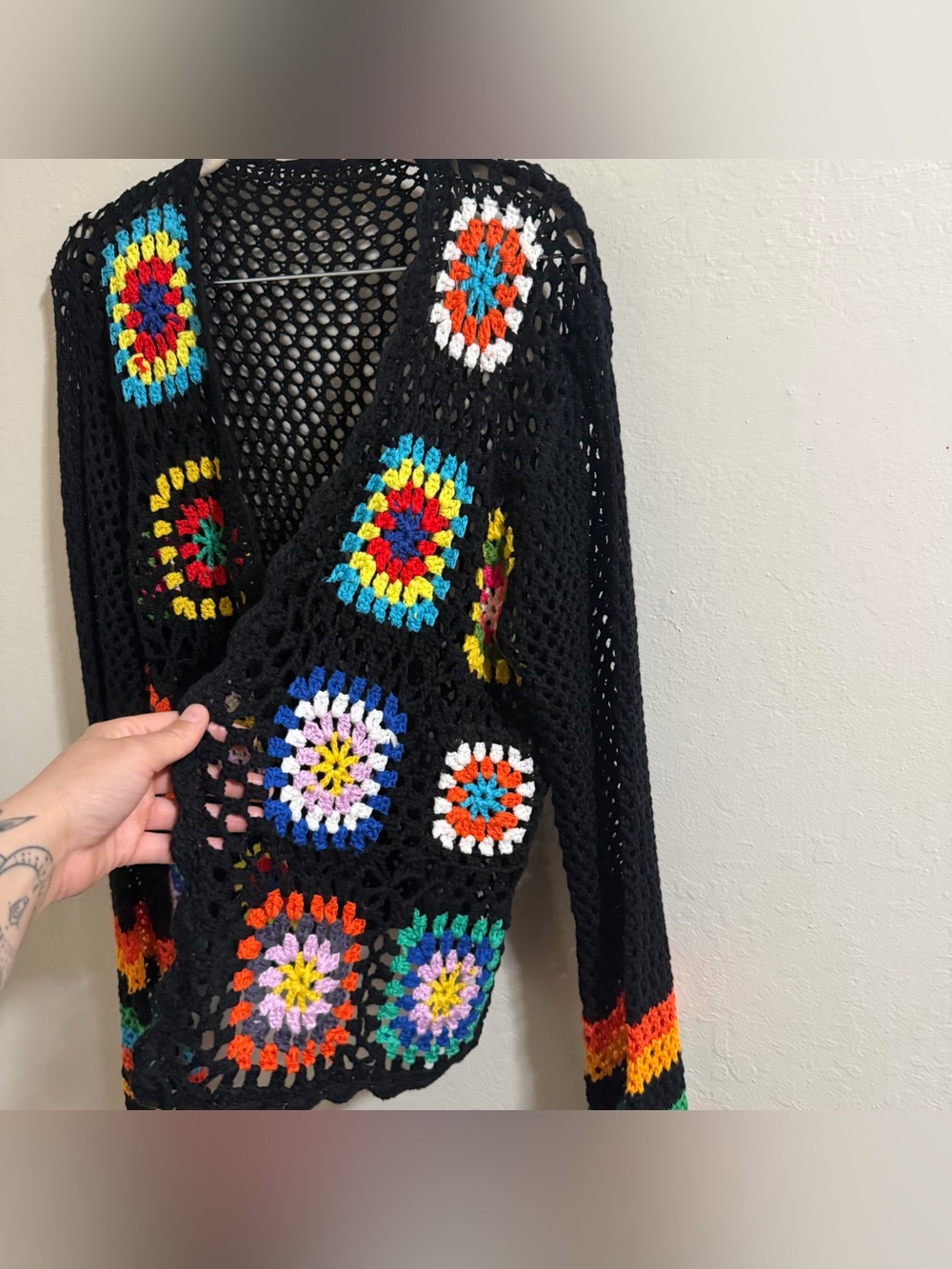 Open Crochet Black Cardigan Multicolor Knit Boho Festival Granny Square - Picture 3 of 7